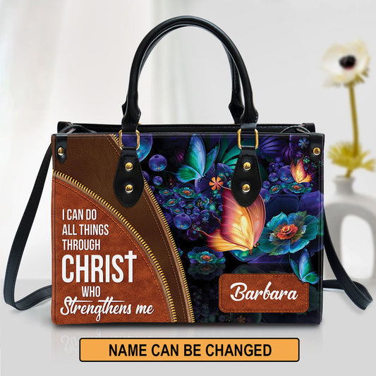 I Can Do All Things Through Christ Leather Bag - Custom Name Butterfly Leather Handbag - Christian Gifts For Women