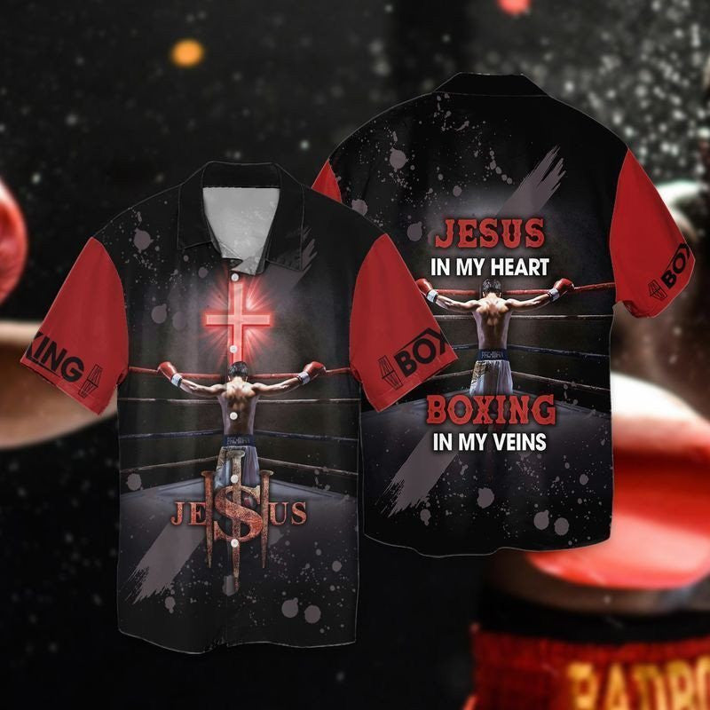 Jesus And Boxing Jesus In My Heart Boxing In My Veins Hawaiian Shirt - Christian Hawaiian Shirt for Men Women