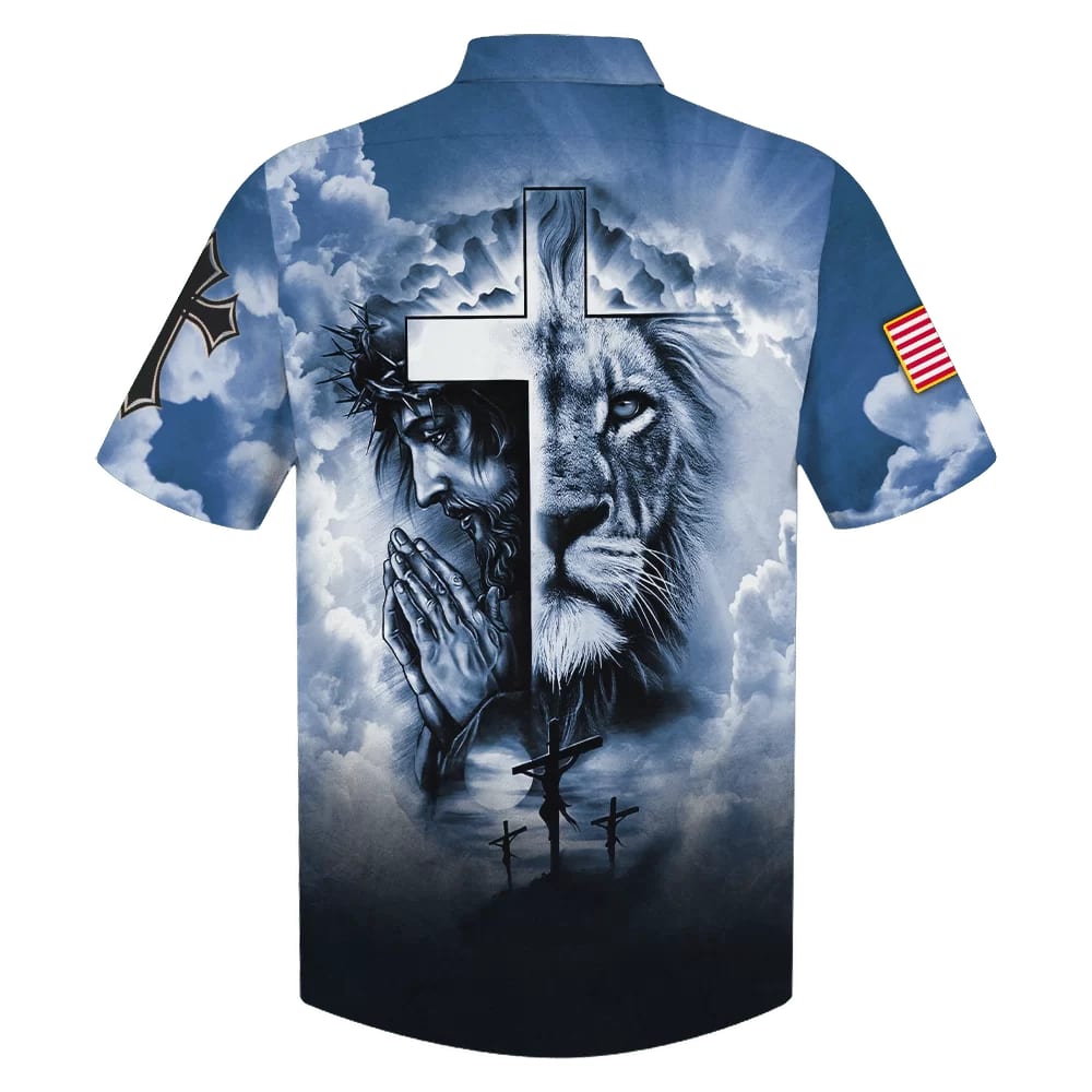 Jesus And Cross Lion Pray Hawaiian Shirt - Best Hawaiian Shirts - Christian Hawaiian Shirt