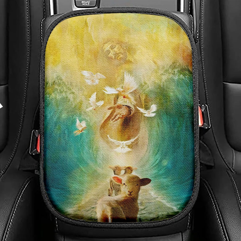 Jesus And Lambs Seat Box Cover, Jesus Car Center Console Cover, Christ