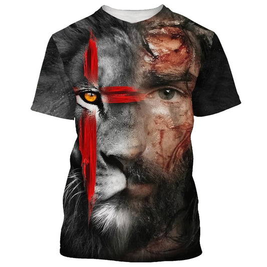Jesus And Lion Face 3d T-Shirts - Christian Shirts For Men&Women