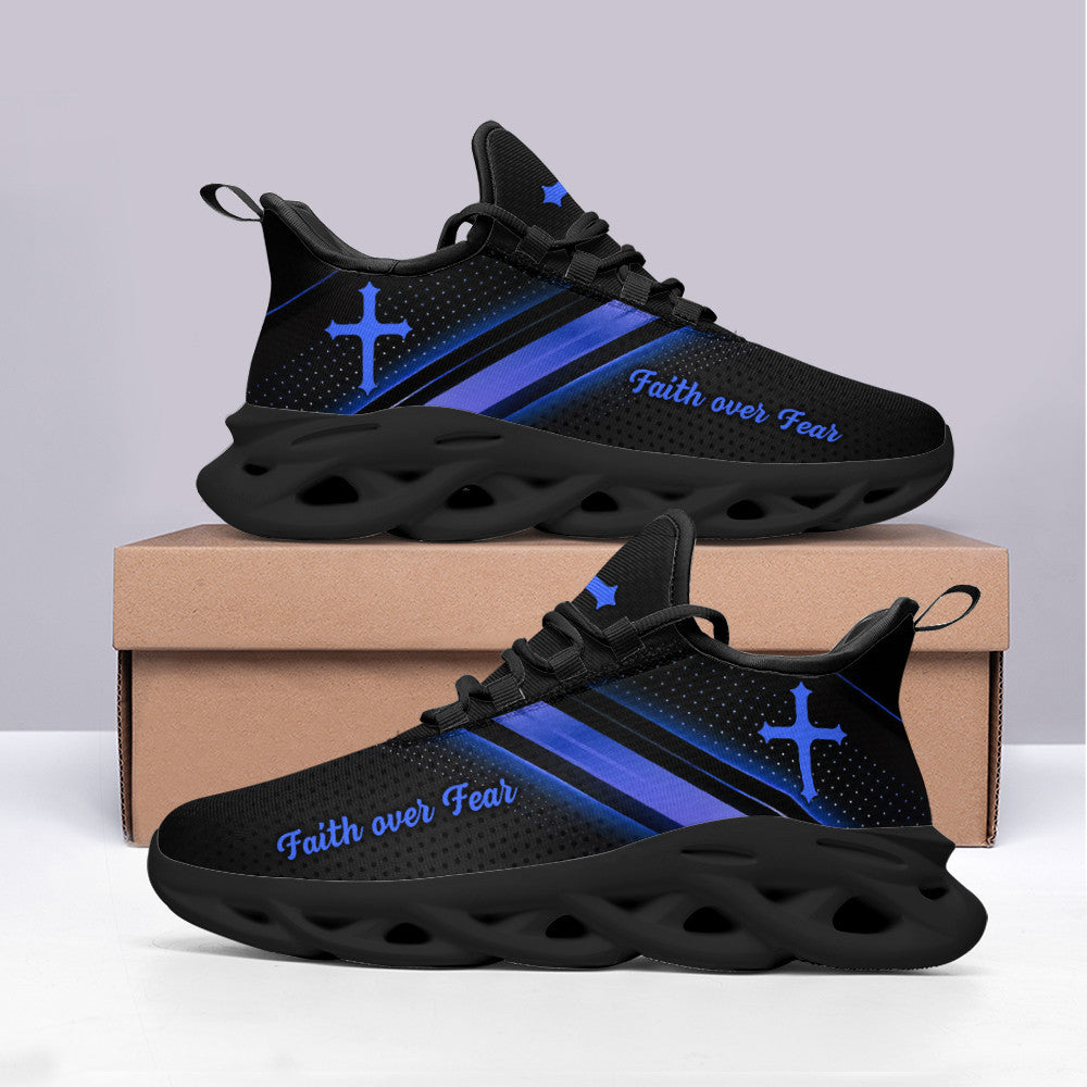 Jesus Black Blue Faith Over Fear Yezy Running Sneakers Max Soul Shoes - Christian Shoes For Men And Women