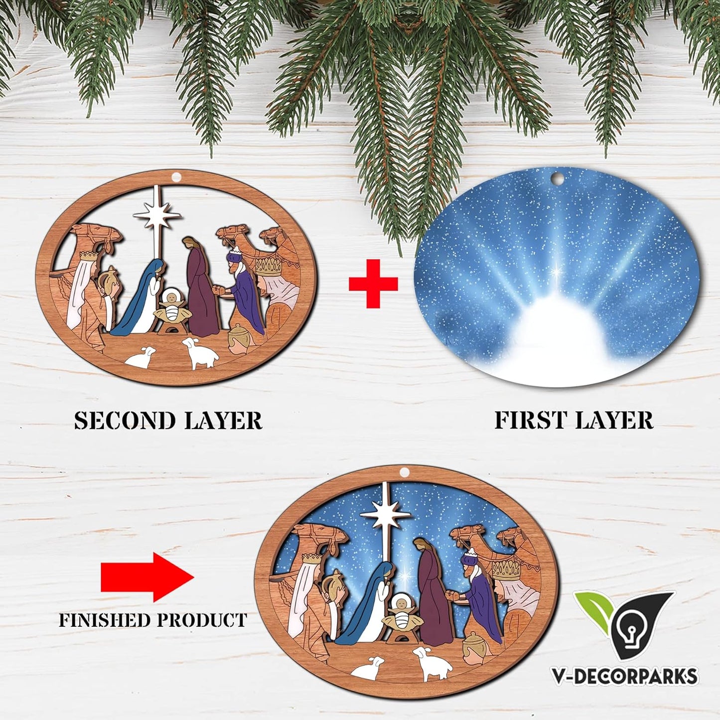 Jesus Camel Nativity Scene with Stand Wood Layered Ornaments - Christmas Tree Ornament