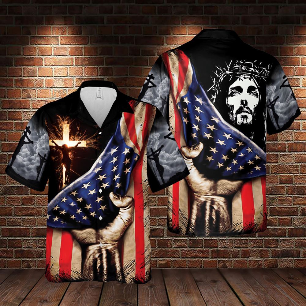 Jesus Christ American Flag Cross Hawaiian Shirts - Religious Hawaiian Shirts - Hawaiian Christian For Men Women