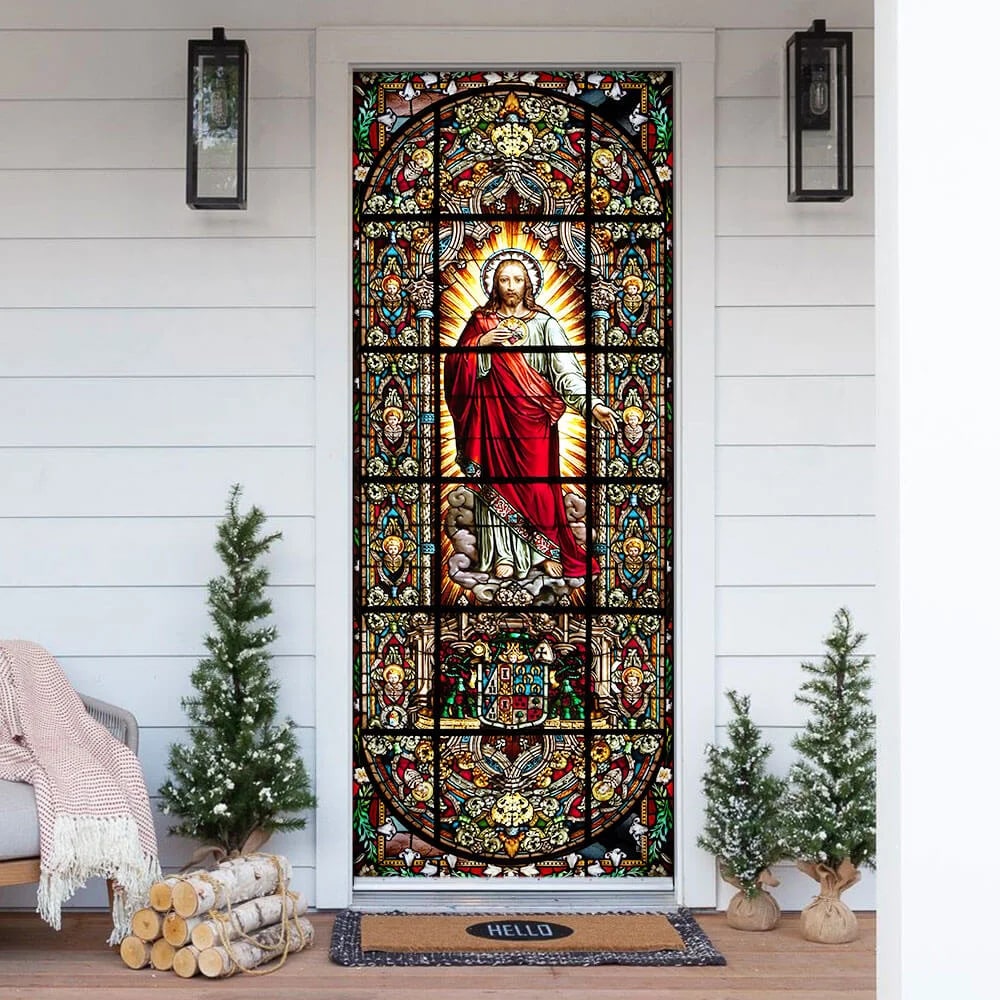 Jesus Christ Stained Glass Door Cover - Religious Door Decorations - Christian Home Decor