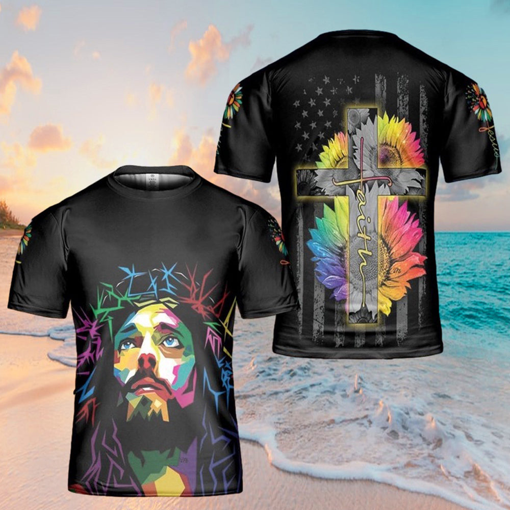 Jesus Christ Sunflower Colorful Art 3D Shirt Christian For Men&Women