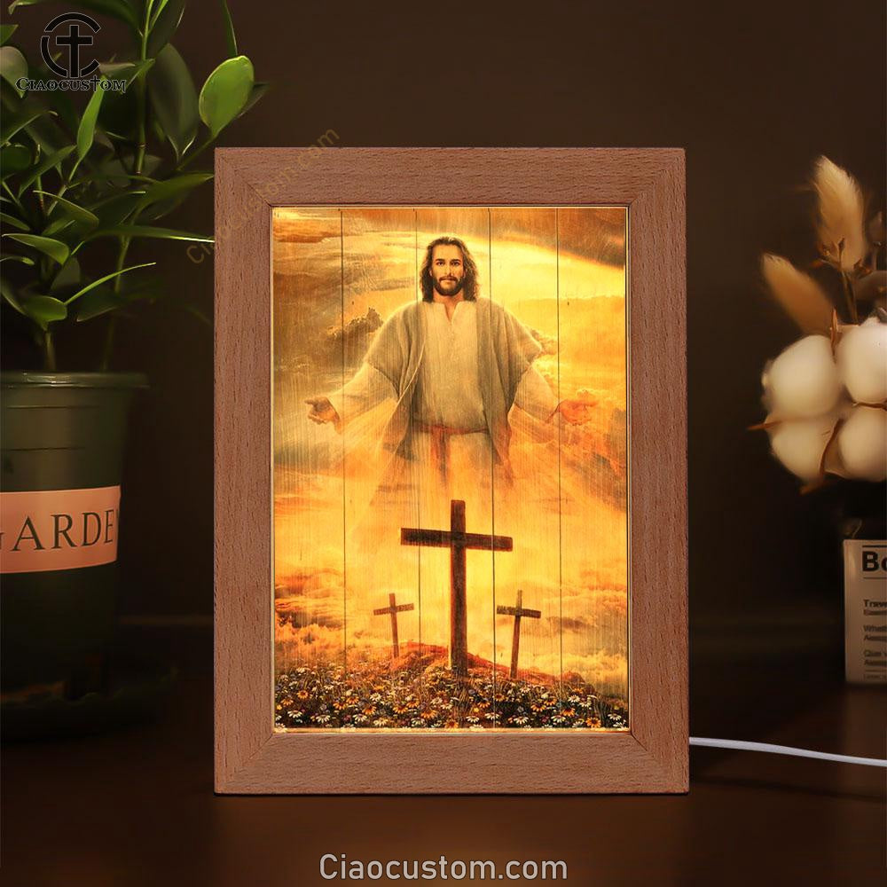 Jesus Cross, Three Wooden Crosses, Daisy Field, Heaven Sky Frame Lamp