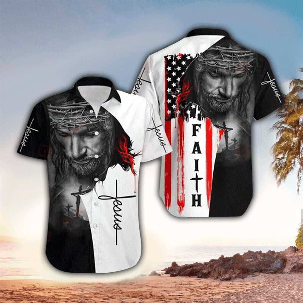 Jesus Face Faith American Flag Hawaii Shirt - Christian Hawaiian Shirt for Men Women