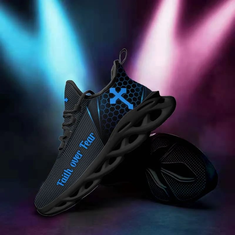 Jesus Faith Over Fear Yezy Running Sneakers Black And Blue Max Soul Shoes - Christian Shoes For Men And Women