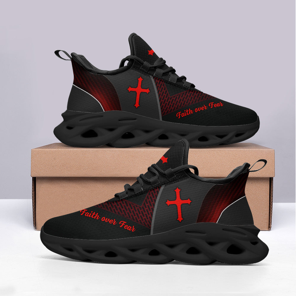 Jesus Faith Over Fear Yezy Running Sneakers Black Max Soul Shoes - Christian Shoes For Men And Women