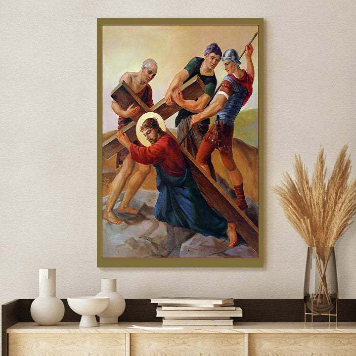 Jesus Falls The First Time Under The Cross Canvas Pictures - Christian Canvas Wall Decor - Religious Wall Art Canvas