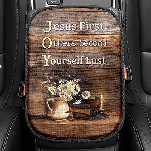 Jesus First Others Second Daisy Flower Vase The Bible Seat Box Cover, Jesus Portrait Car Center Console Cover, Christian Car Interior Accessories
