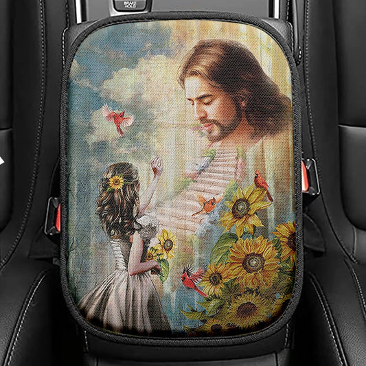 Jesus Girl And Path To Heaven Seat Box Cover, Christian Car Center Console Cover, Religious Car Interior Accessories