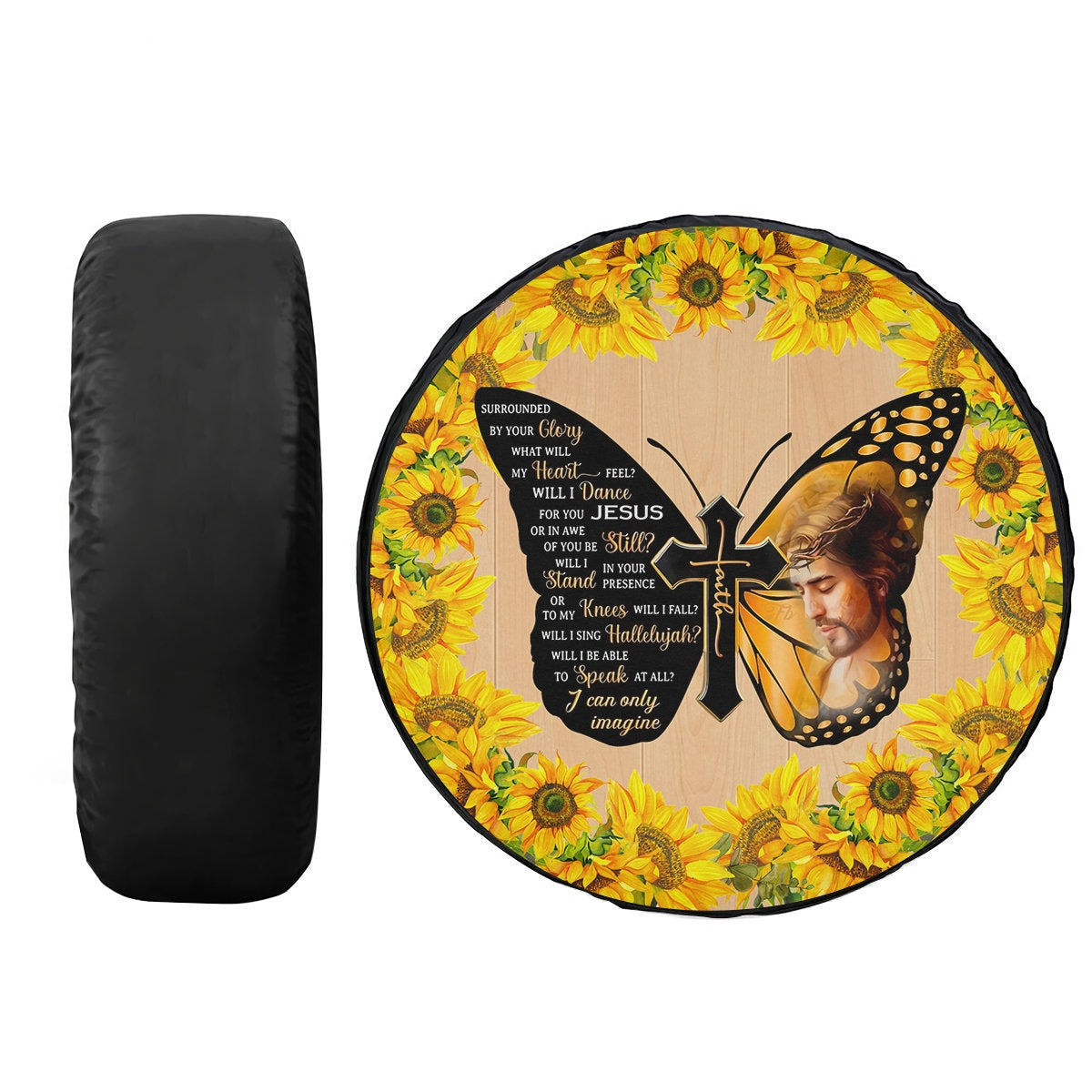 Jesus God Sunflower Tire Cover - Christ Cross Faith Tire Cover - Christian Tire Cover