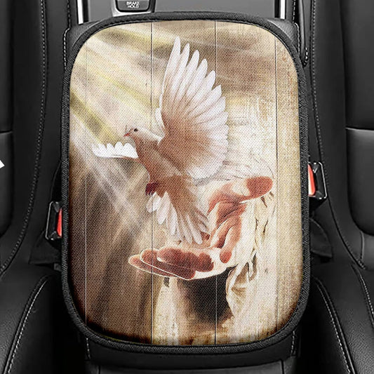 Jesus Hand A Dove On His Hand Seat Box Cover, Christian Car Center Console Cover, Bible Verse Car Interior Accessories