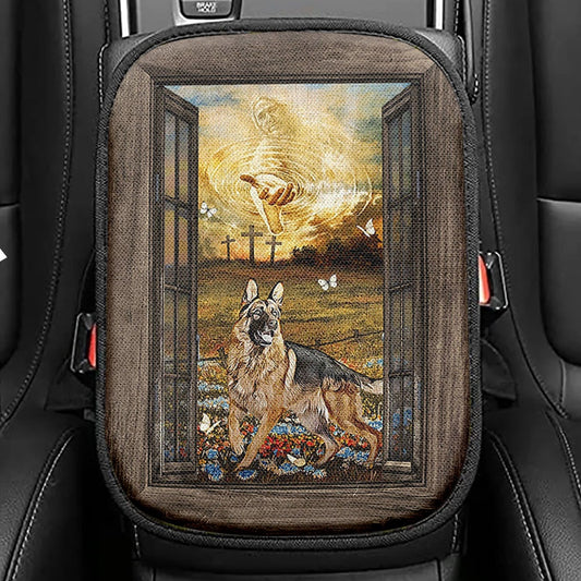 Jesus Hand German Shepherd Dog Seat Box Cover, Jesus Portrait Car Center Console Cover, Christian Car Interior Accessories
