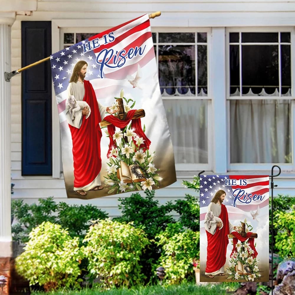 Jesus He Is Risen American Easter House Flags - Religious Easter Garden Flag - Christian Outdoor Easter Flags