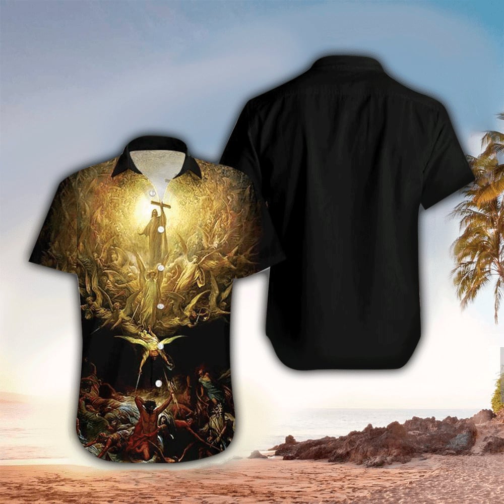Jesus Holy Light Angels Black Hawaiian Shirt - Christian Hawaiian Shirt for Men Women