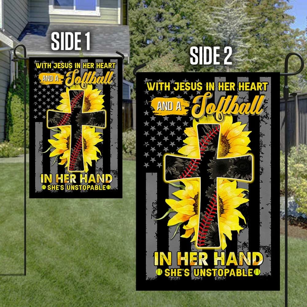 Jesus In Her Heart Softball In Her Hand Sunflower Christian Cross House Flag - Christian Garden Flags - Christian Flag - Religious Flags