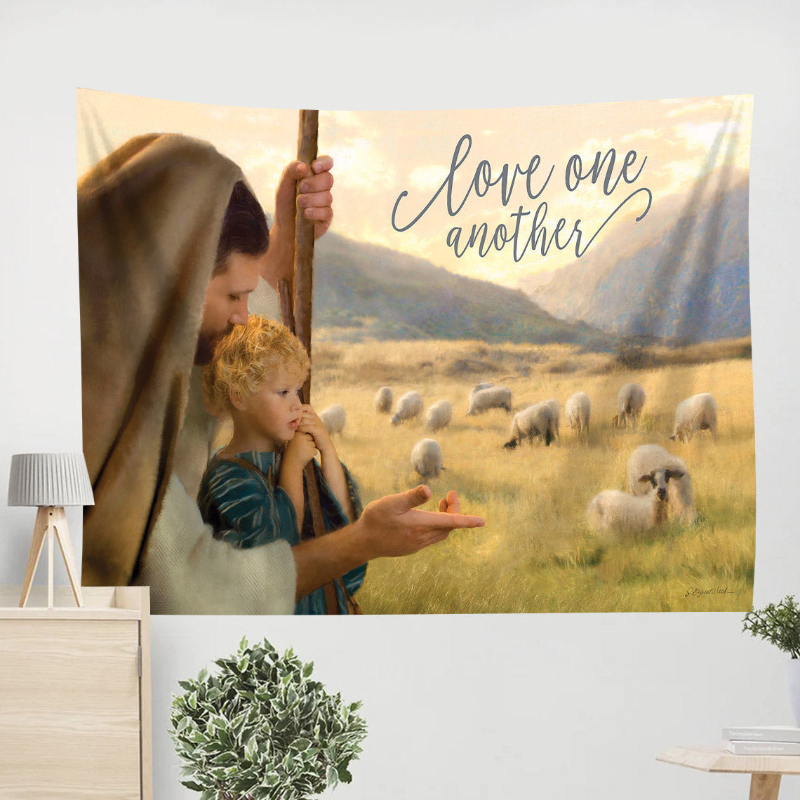 Jesus Kneels By Small Boy Tapestry - Love One Another Tapestry Christian - Jesus Pictures - Christian Wall Tapestry