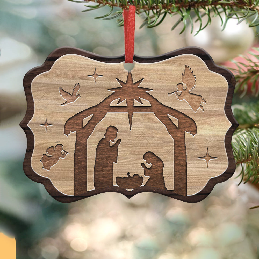 Jesus Nativity Wooden Style Metal Ornament - Christmas Ornament - Christmas Gift