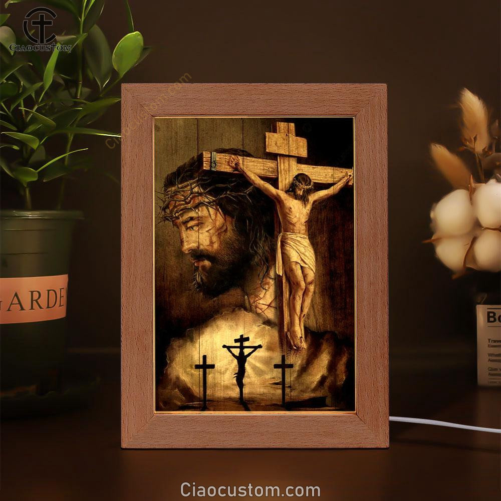 Jesus On Cross, Thorn Crown, Three Wooden Crosses Frame Lamp