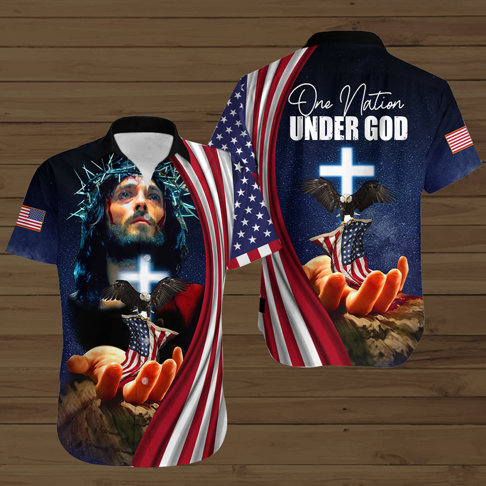 Jesus One Nation Under God Hawaiian Shirt Clothing American Flag Christian Mens Clothing - Christian Hawaiian Shirt for Men Women