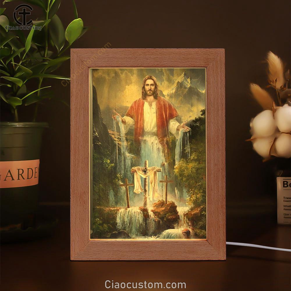 Jesus Painting Waterfall Beautiful Forest Frame Lamp