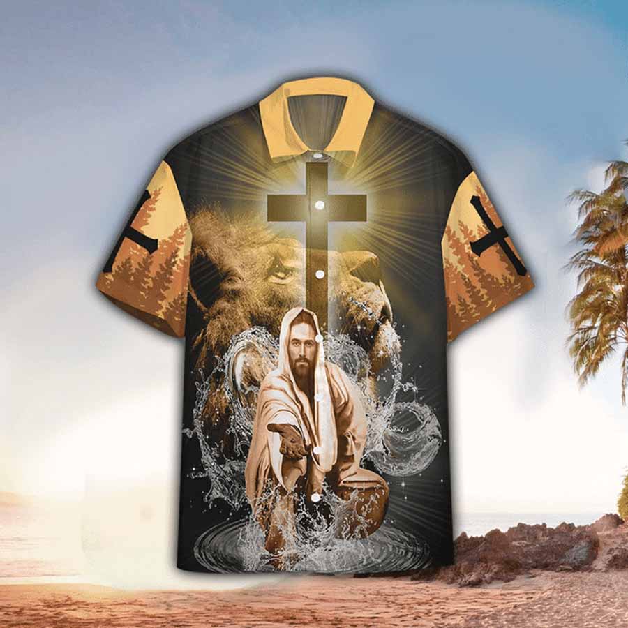 Jesus Stretched Out His Hand Hawaiian Shirt - Christian Hawaiian Shirt - Jesus My God My King Lion Orange Hawaiian Shirt