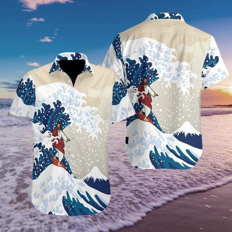 Jesus Surfing Hawaiian Shirt - Christian Hawaiian Shirts For Men & Women