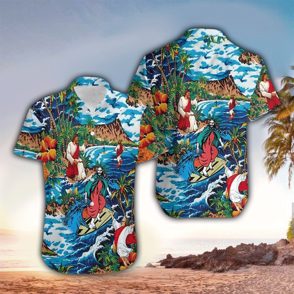 Jesus Surfing On Island Hawaiian Shirt - Christian Hawaiian Shirt for Men Women