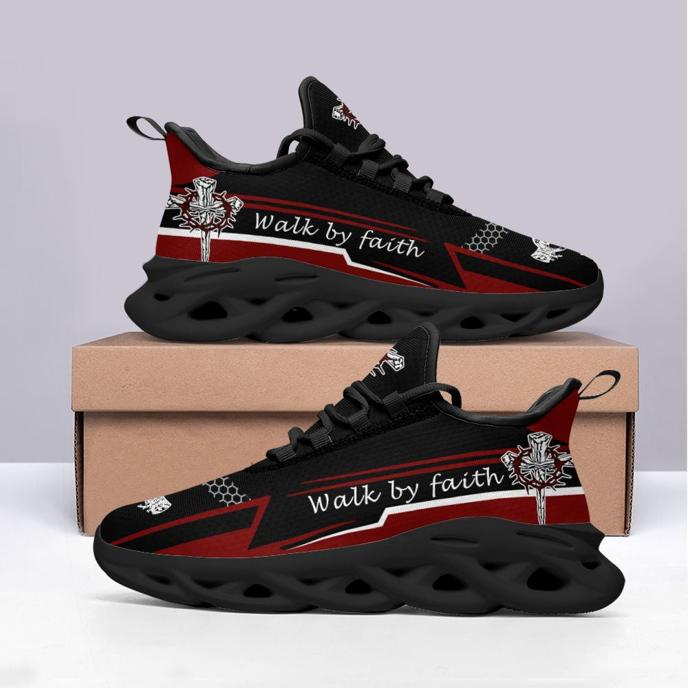 Jesus Walk By Faith Red Black Yezy Running Sneakers 3 Max Soul Shoes - Christian Shoes For Men And Women