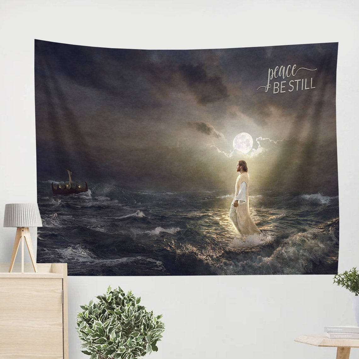 Jesus Walking On Water Tapestry - To the Rescue Peace Be Still Tapestry Christian - Jesus Pictures - Christian Wall Tapestry