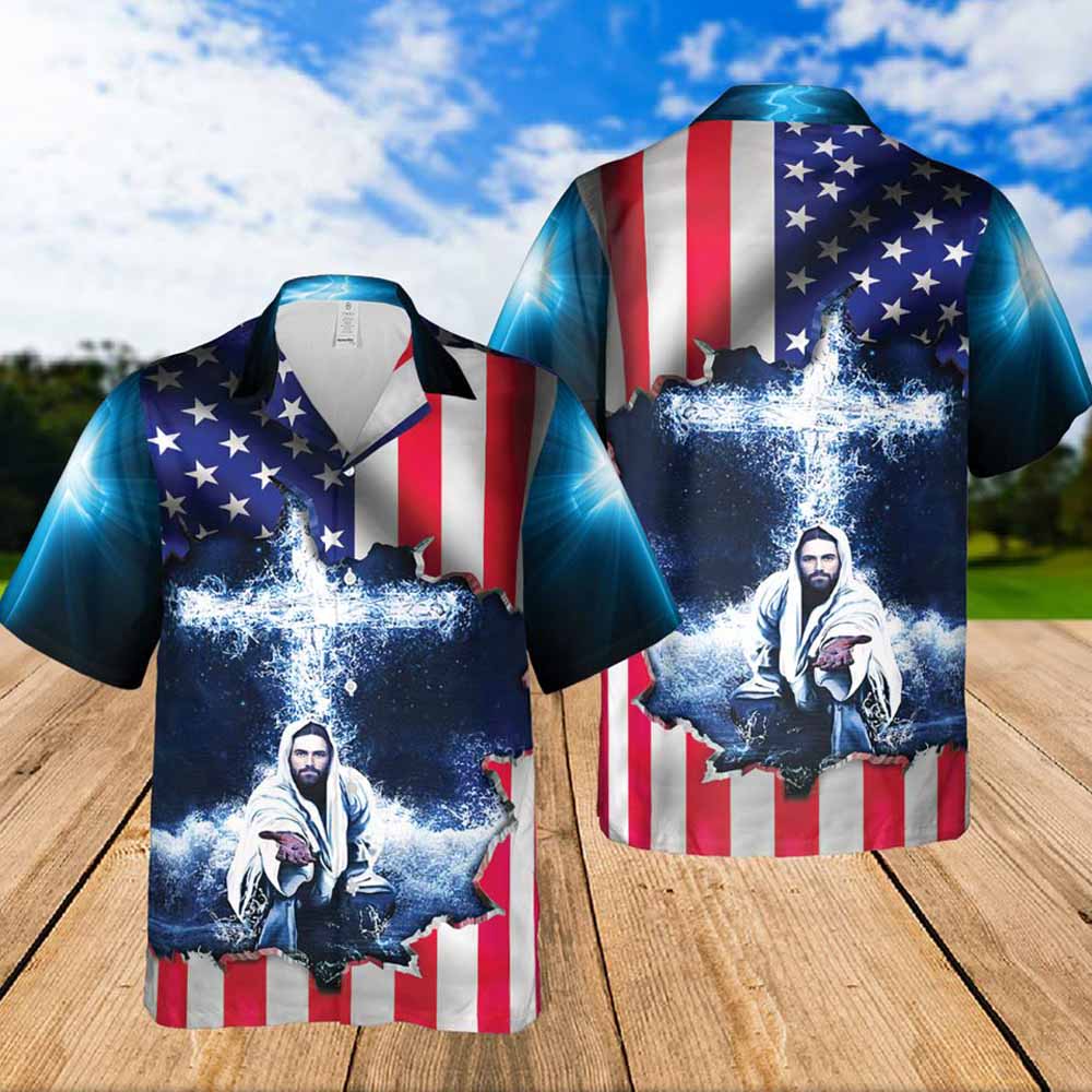 Jeusus Take My Hand American Flag Cross Hawaiian Shirt - Christian Hawaiian Shirts For Women Men