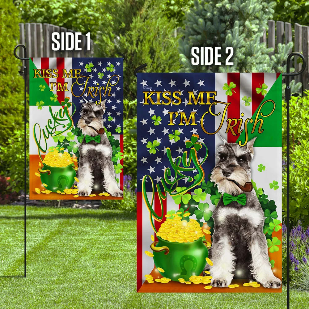 Kiss Me I'm Irish Miniature Schnauzer House Flag - St Patrick's Day Garden Flag - Outdoor St Patrick's Day Decor