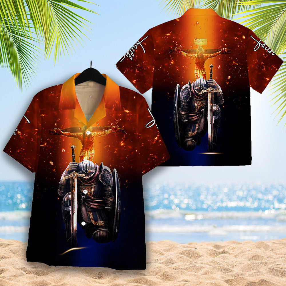 Kneeling Knight Faith Jesus Cross Hawaiian Shirt - Christian Hawaiian Shirt for Men Women