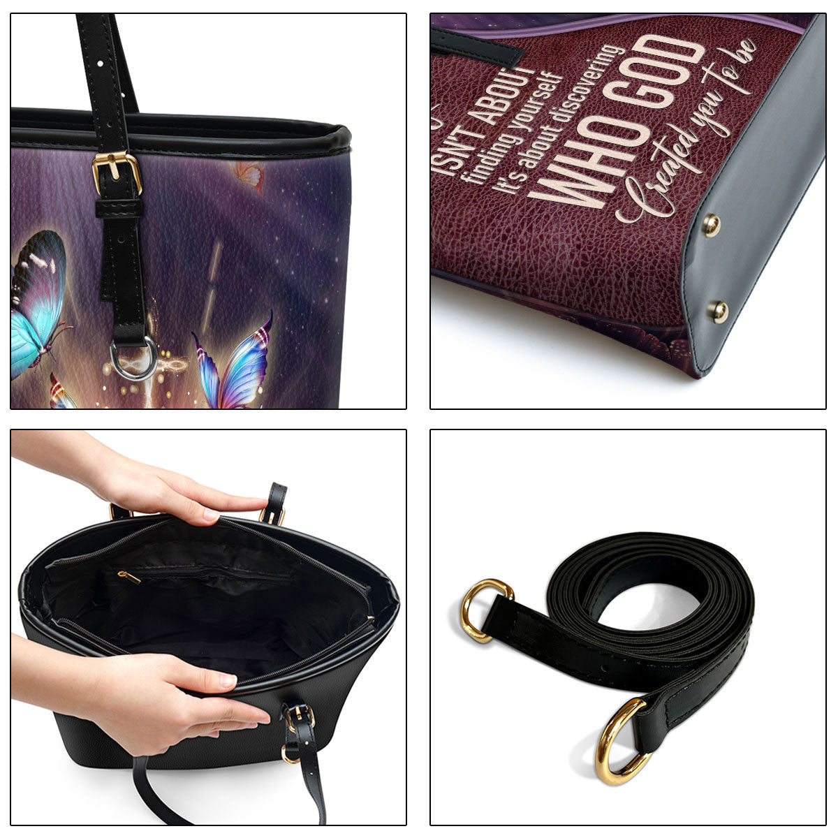 Life Is About Discovering Who God Created You To Be Large Leather Tote Bag - Christ Gifts For Religious Women - Best Mother's Day Gifts