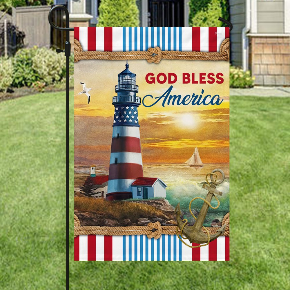Lighthouse God Bless America Flag - Religious House Flags - Christian Garden Flags