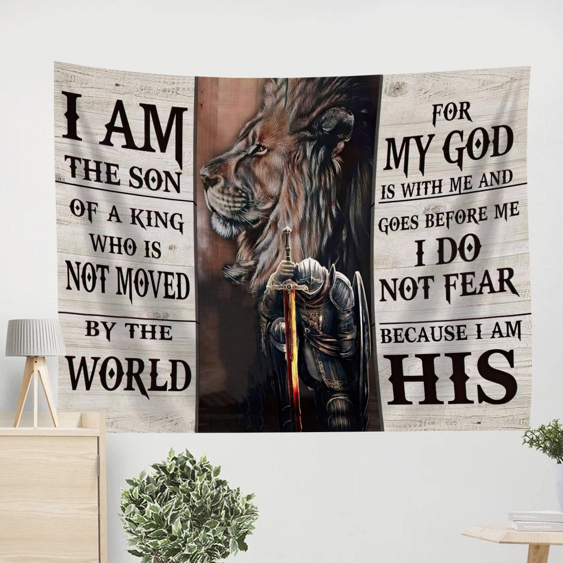 Lion And Warrior Tapestry I Am The Son Of A King Wall Art Decor - Religious Tapestry - Christian Wall Tapestry
