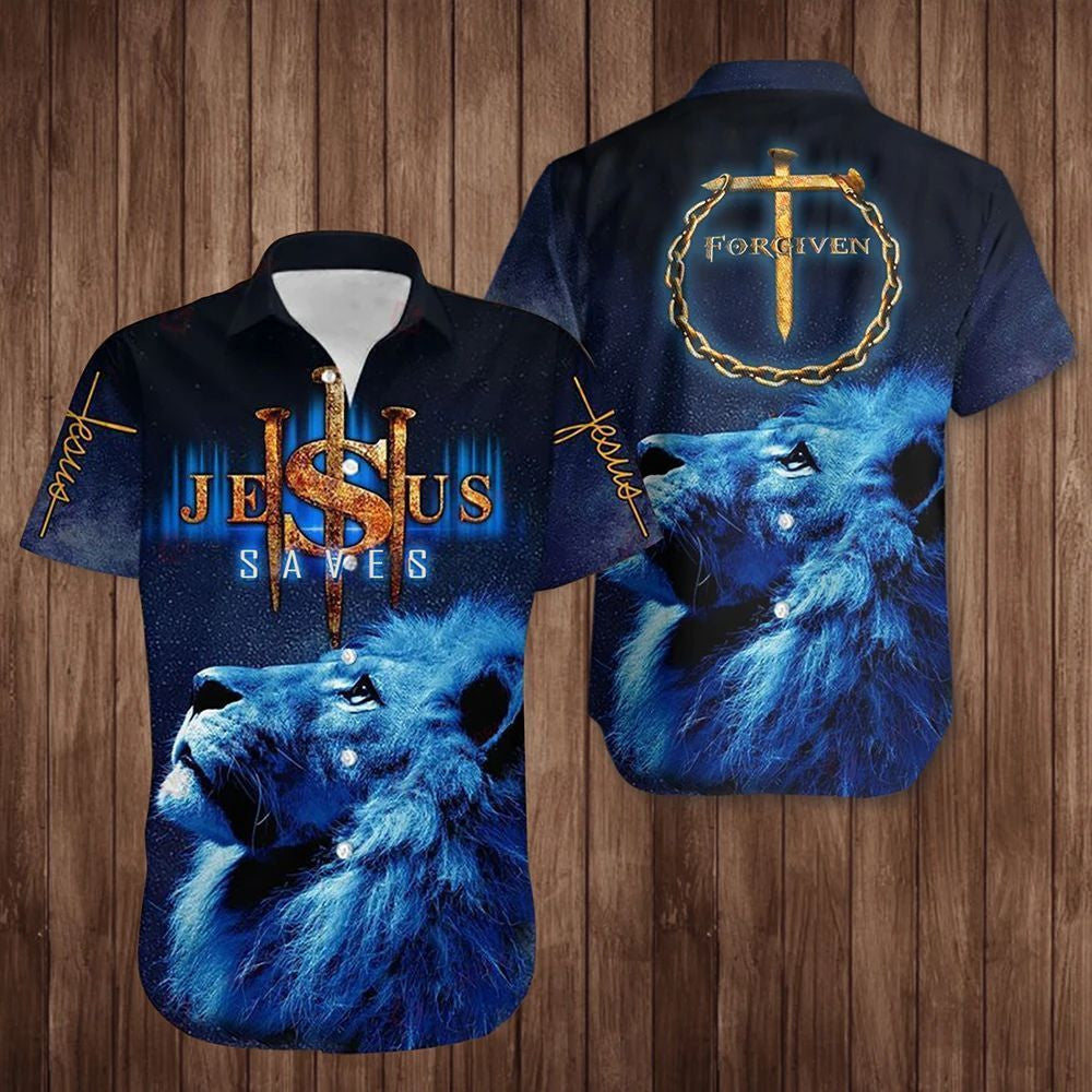 Lion Cross Jesus Saves Hawaiian Shirt Forgiven Christian Faith In Love Shirt Mens Womens - Christian Hawaiian Shirt for Men Women