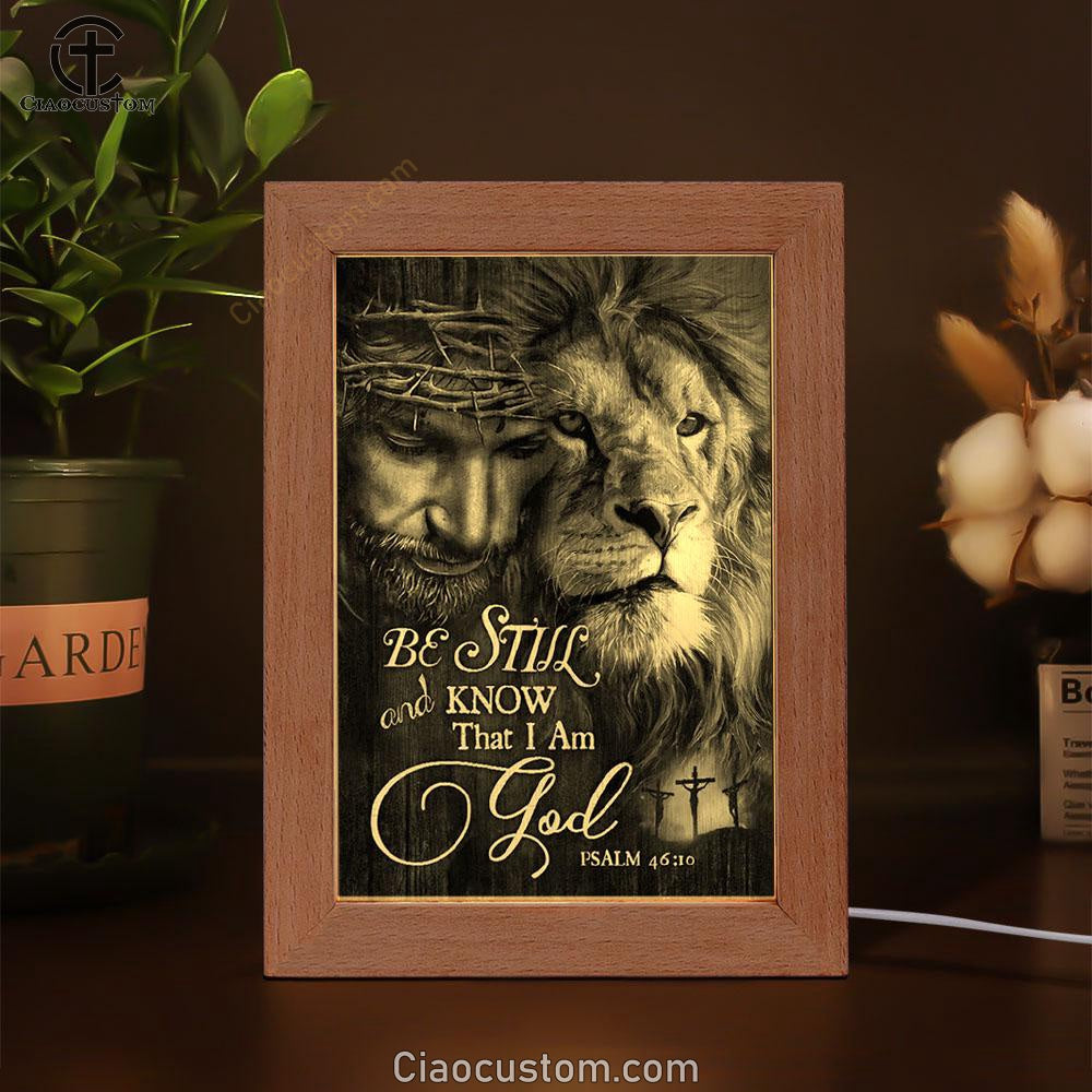 Lion, Jesus, Black And White Painting, Be Still And Know That I Am God Frame Lamp