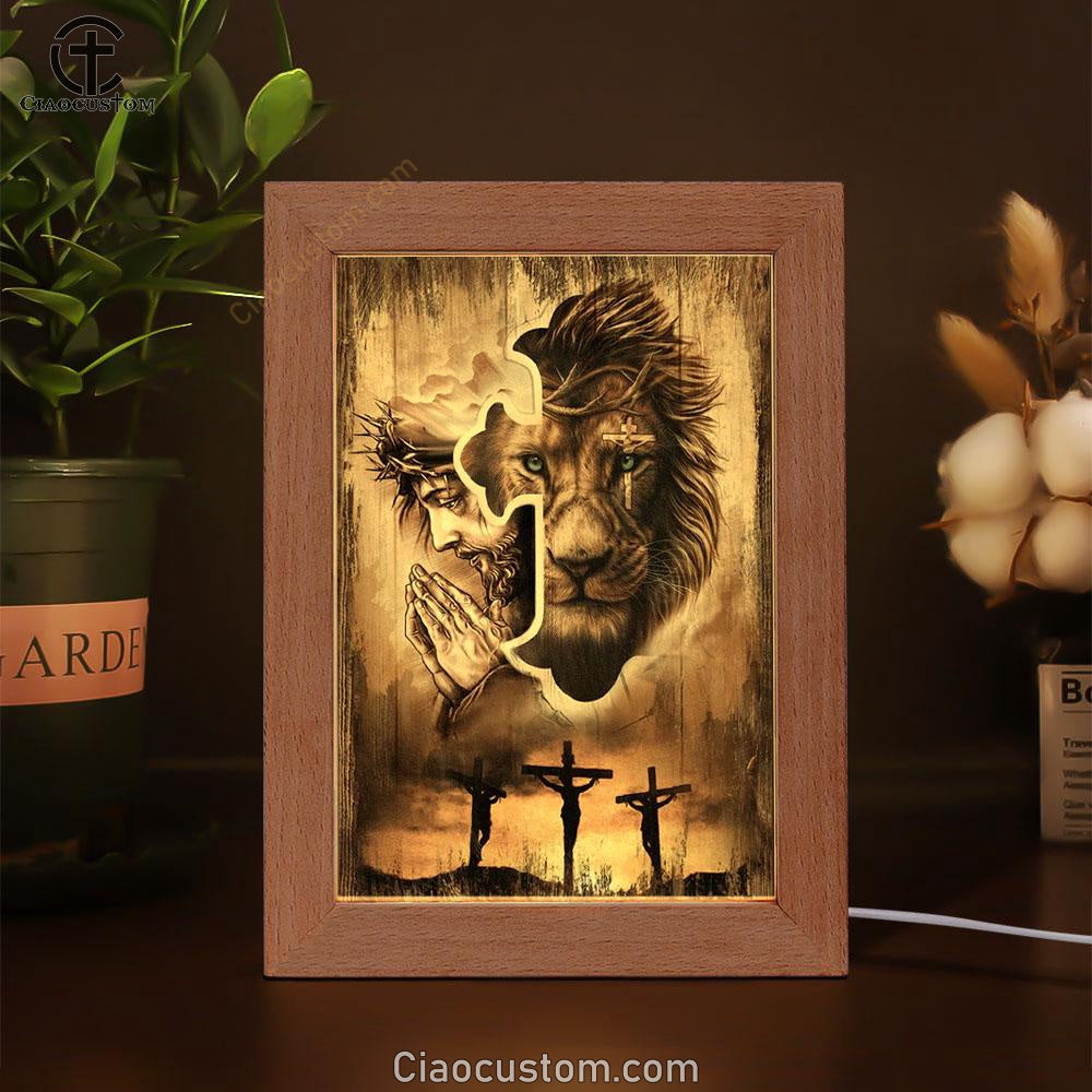 Lion Of Judah, Jesus Praying, Three Wooden Crosses, Sunset Sky Frame Lamp