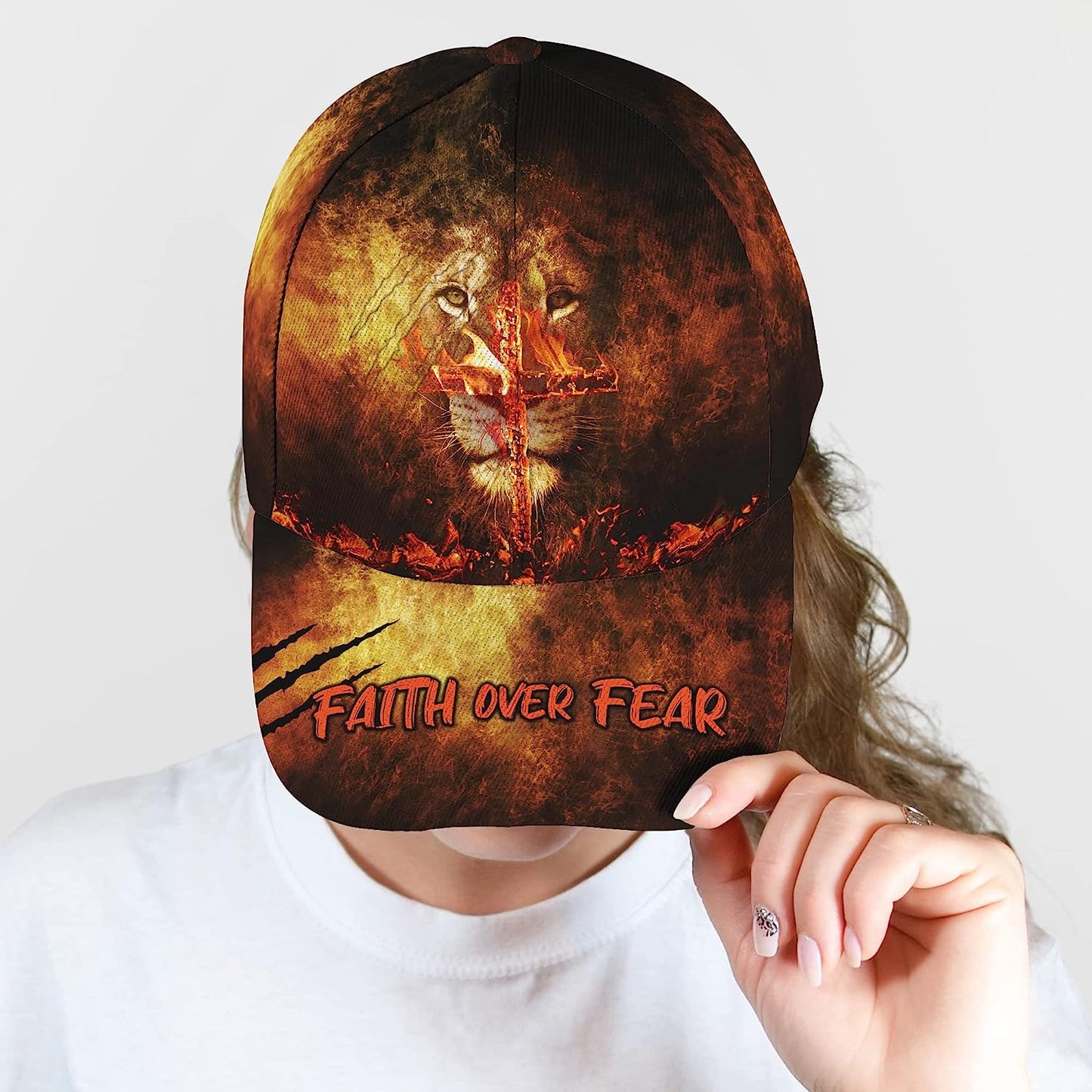 Lion With Christian Cross On Fire Faith Over Fear All Over Print Baseball Cap - Christian Hats For Men Women