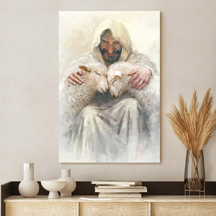 Jesus Holding Two Sheep Canvas Wall Art - Jesus Poster