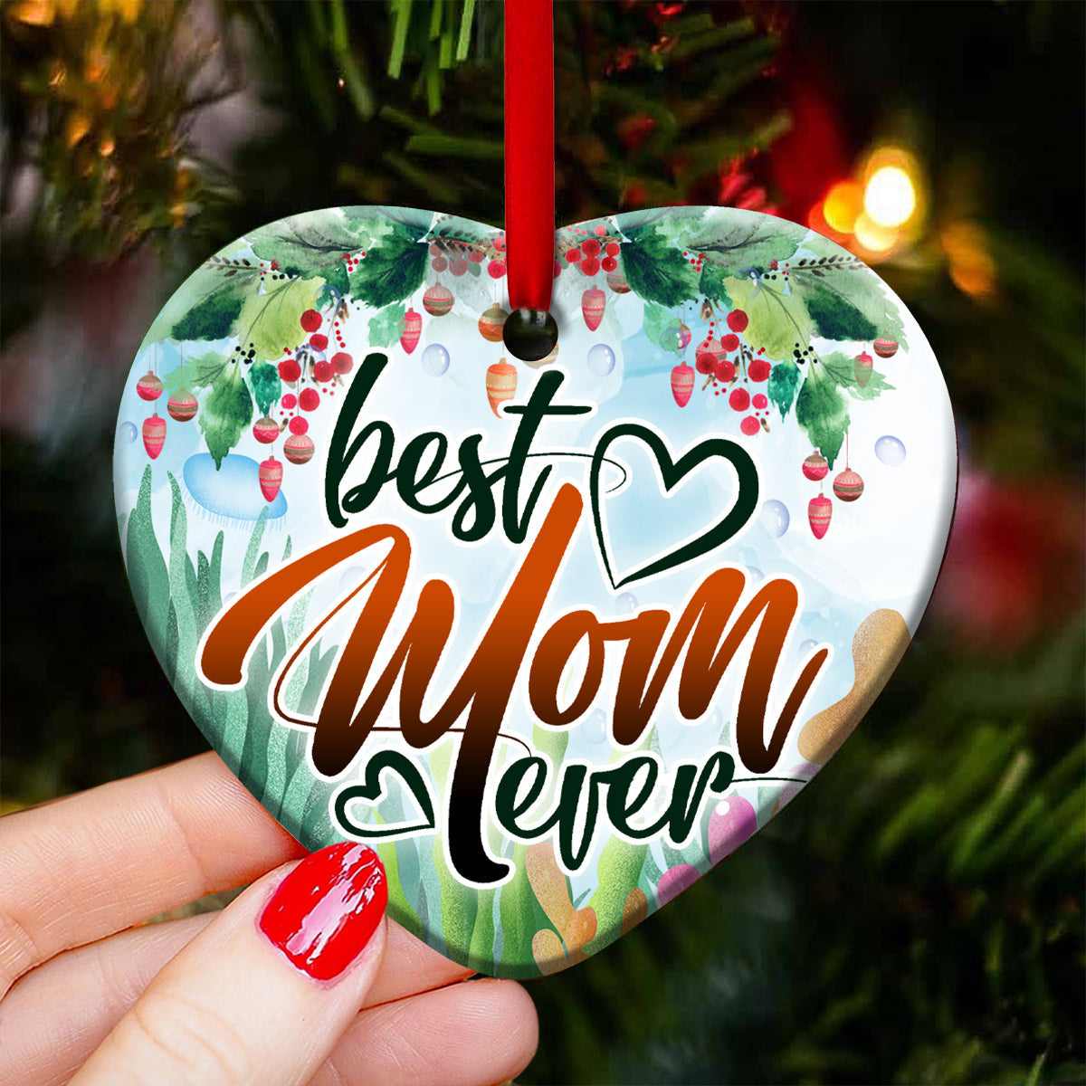 Mad Turtle Best Mom Ever 2 Heart Ceramic Ornament - Christmas Ornament - Christmas Gift