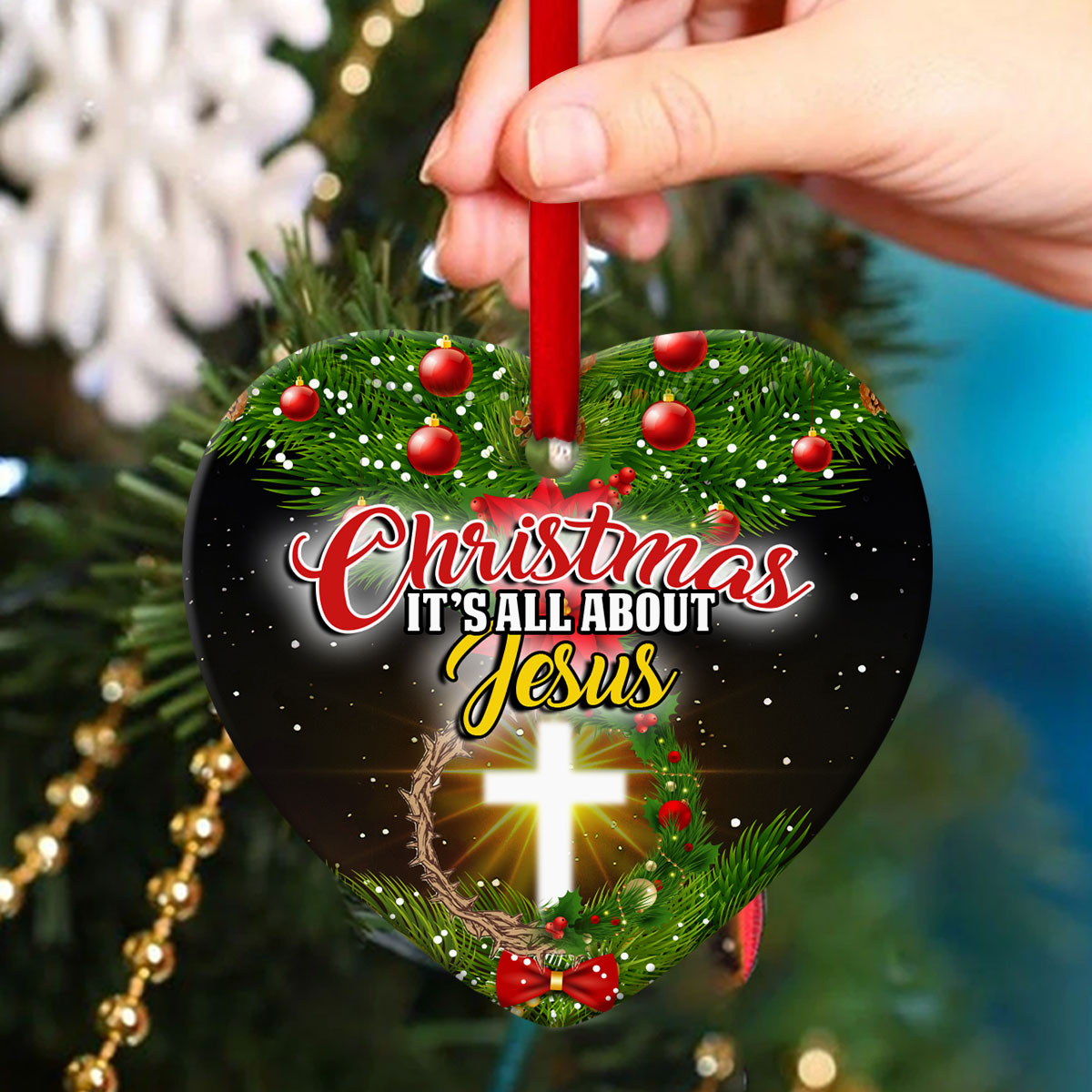 Merry Christmas - Cross Christian Ceramic Heart Ornament - Ornaments Hanging Gift - Nativity Ornaments