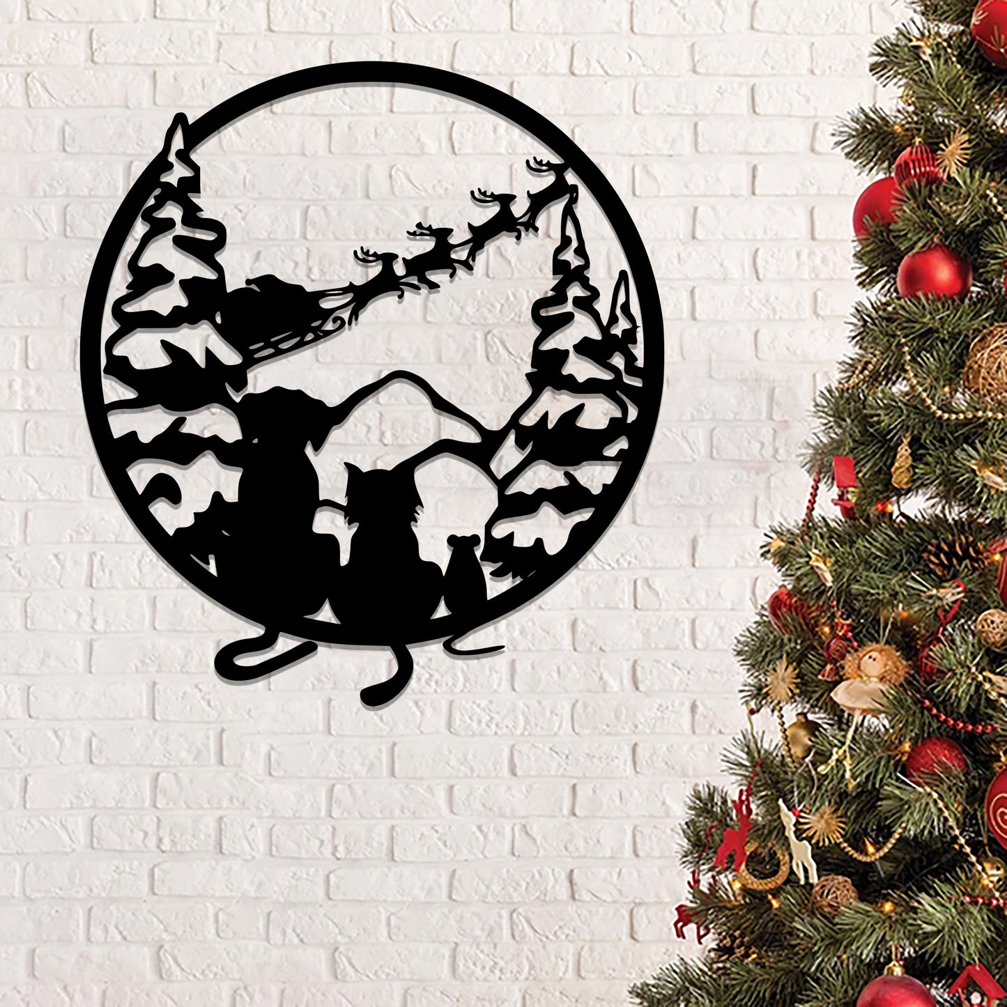 Metal Christmas Wall Art - Family Pets Watching Santa Ride Off Through the Snow Capped Trees Metal Sign - Ciaocustom