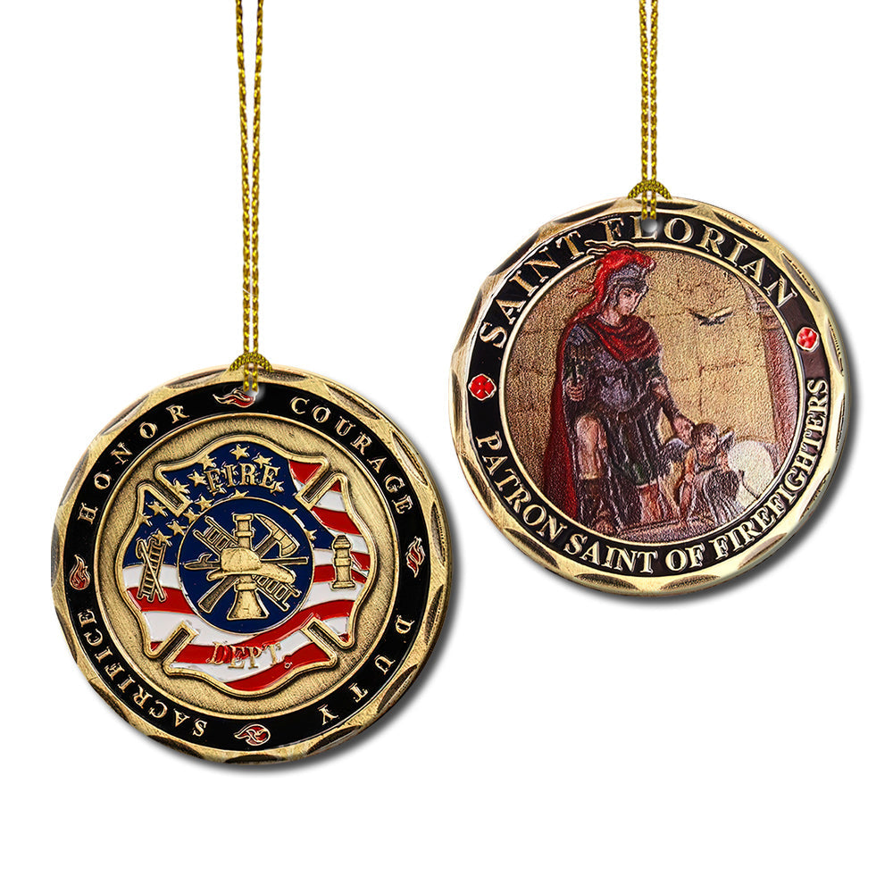Metal Style Firefighter Coin Ceramic Circle Ornament - Decorative Ornament - Christmas Ornament