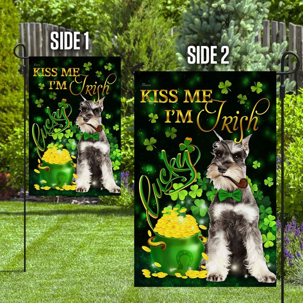 Miniature Schnauzer Kiss Me I'm Irish House Flag - St Patrick's Day Garden Flag - Outdoor St Patrick's Day Decor