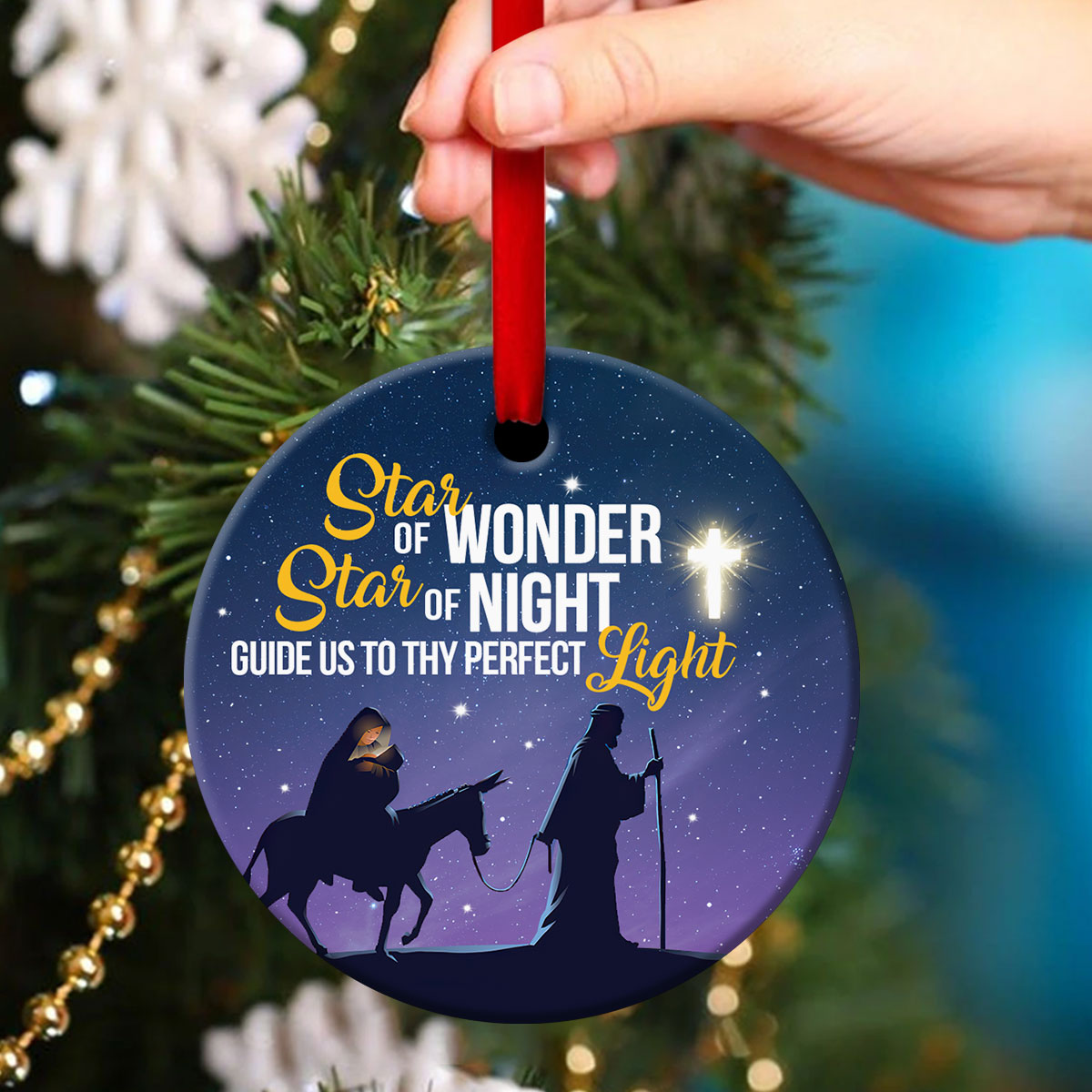 Miracle Christian Ceramic Circle Ornament - Star Of Wonder Guide Us To Thy Perfect Light - Christmas Decor